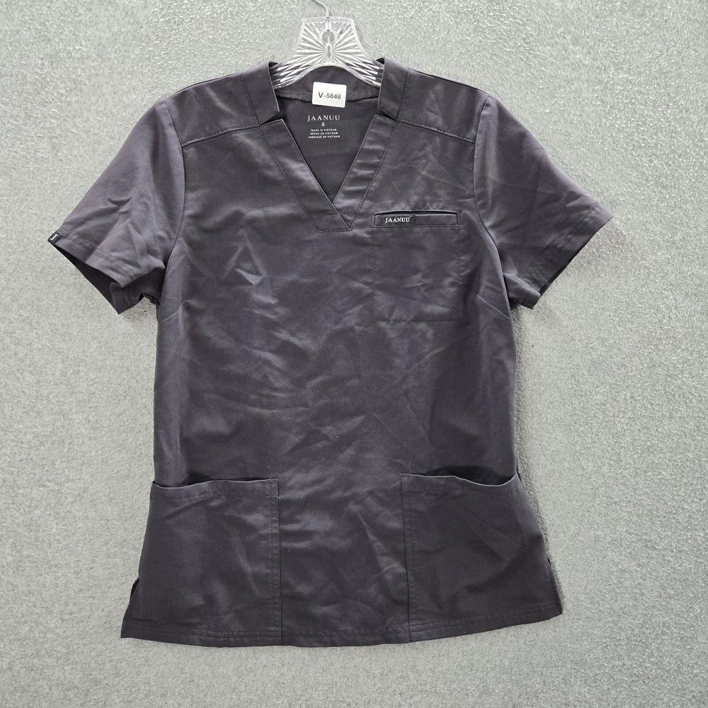 Jaanuu Women Scrub Top Small Black Magna 3 Pocket Short Sleeve Shirt Pullover